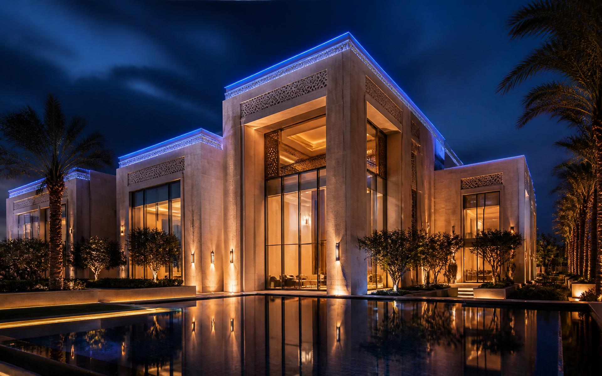 Luxury Kuwait villa at twilight, exterior lighting installed by Proside